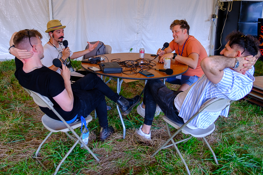 The members of Talisk Graeme Armstrong, Mohsen Amini and Benedict Morris of Glasgow, Scotland record The High Note with Shaun Smith Thursday, Aug. 18, 2022 at the 60th annual Philadelphia Folk Festival.