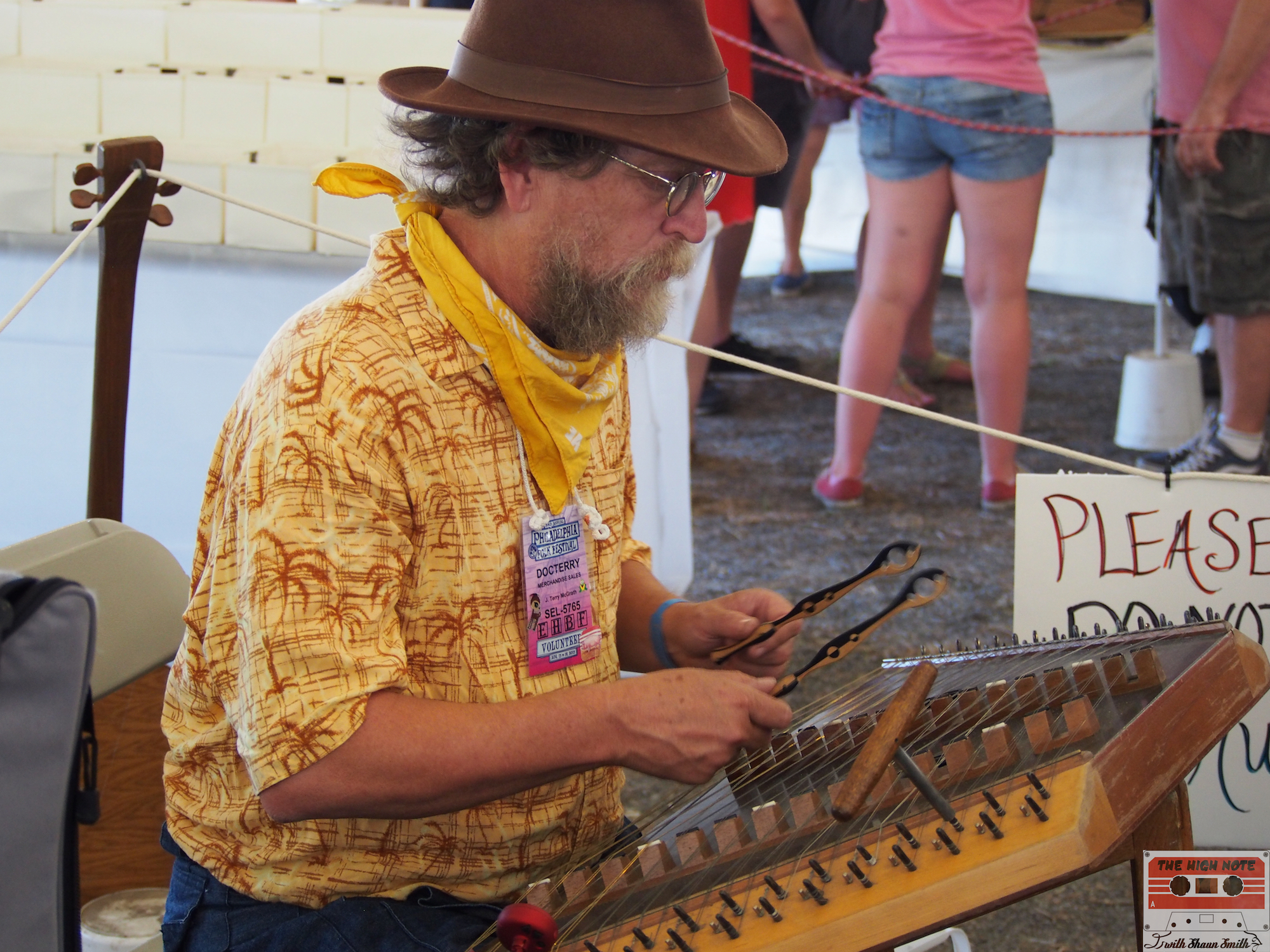 Doc Terry plays the Hammered Dulcimer in the Philadelphia Folksong Society tent at the Philadelphia Folk Festival.