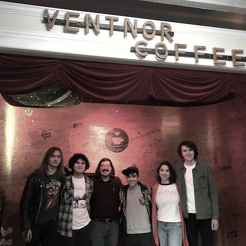 Shaun with members of The Mountain Waves and Boycot. Pictured from left, Sergio Ripa and Kevin Velazquez of The Mountain Waves, Shaun Smith of The High Note, Boycot founders Tyler Gehringer and Ellie Dotson and CJ Sooy of The Mountain Waves at Ventnor Coffee.
